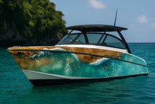 Load image into Gallery viewer, Ocean Drift Resin Boat Wrap – Aqua Wave &amp; Wood Grain Marine Vinyl | Luxury Yacht And Sport Boat Wrap | Teal Resin Water Flow Design