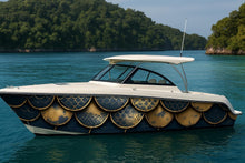 Load image into Gallery viewer, Golden Scales Boat Wrap – Metallic Gold And Navy Marine Vinyl | Luxury Yacht &amp; Sport Boat Wrap | Mermaid Scale Pattern With Gloss Finish