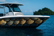 Load image into Gallery viewer, Golden Scales Boat Wrap – Metallic Gold And Navy Marine Vinyl | Luxury Yacht &amp; Sport Boat Wrap | Mermaid Scale Pattern With Gloss Finish
