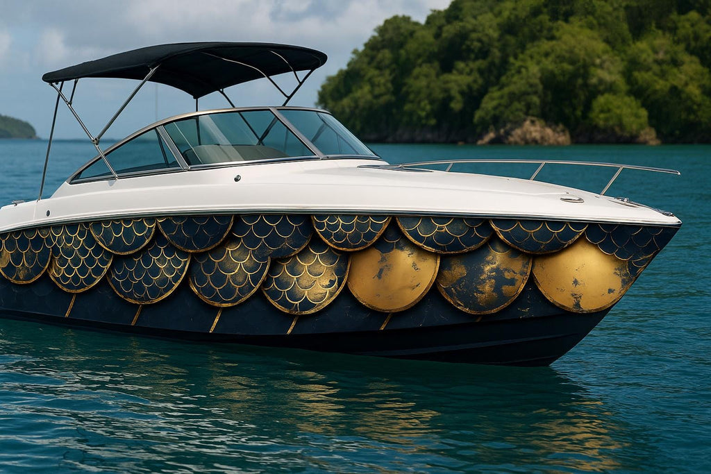 Golden Scales Boat Wrap – Metallic Gold And Navy Marine Vinyl | Luxury Yacht & Sport Boat Wrap | Mermaid Scale Pattern With Gloss Finish