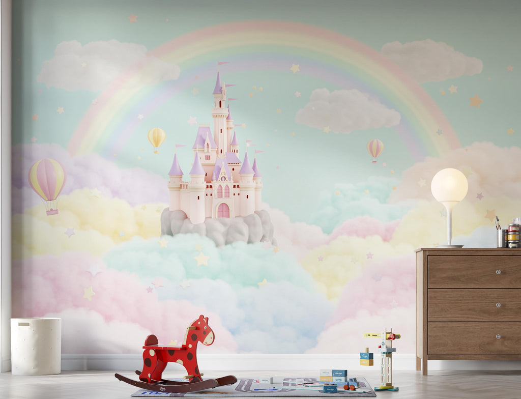 Rainbow Castle 3D Watercolor Wallpaper | Magical Fantasy Kids Room Wall Mural | Pastel Cloud Castle Nursery Decor | Fairytale Wall Art 163DE