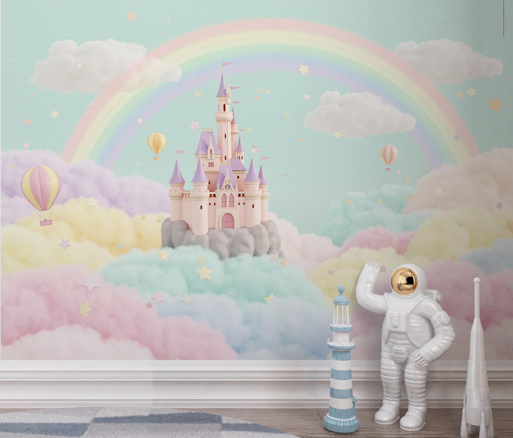 Rainbow Castle 3D Watercolor Wallpaper | Magical Fantasy Kids Room Wall Mural | Pastel Cloud Castle Nursery Decor | Fairytale Wall Art 163DE