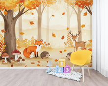 Load image into Gallery viewer, Autumn Woodland Animals Watercolor Wallpaper | Cozy Fall Forest Nursery Wall Mural | Fox Deer Squirrel Kids Room Decor | Warm Art 164DE