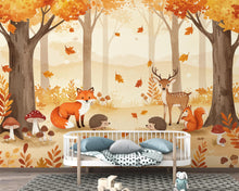 Load image into Gallery viewer, Autumn Woodland Animals Watercolor Wallpaper | Cozy Fall Forest Nursery Wall Mural | Fox Deer Squirrel Kids Room Decor | Warm Art 164DE