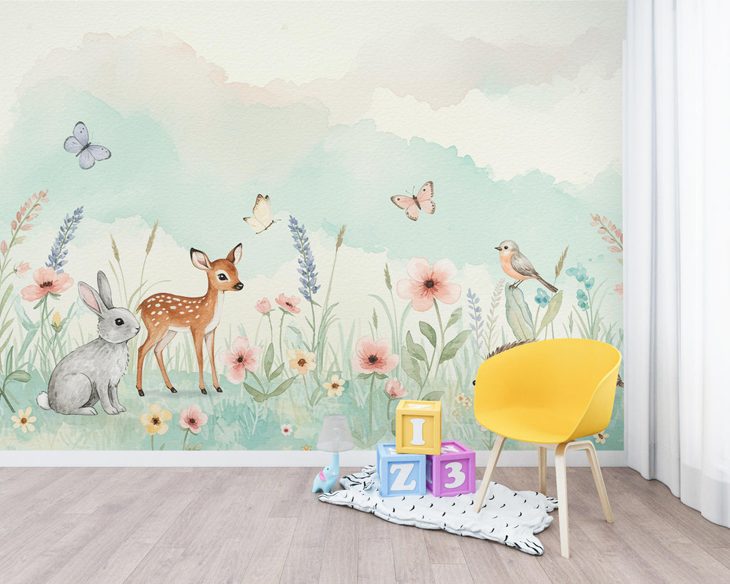 Animals Watercolor Meadow Wallpaper – Pastel Wildflower Mural with Bunny, Fawn & Butterflies | Nursery Wall Art Spring Kids Room Decor 165DE