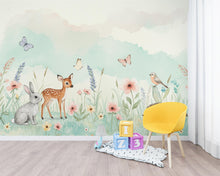 Load image into Gallery viewer, Animals Watercolor Meadow Wallpaper – Pastel Wildflower Mural with Bunny, Fawn &amp; Butterflies | Nursery Wall Art Spring Kids Room Decor 165DE