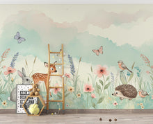 Load image into Gallery viewer, Animals Watercolor Meadow Wallpaper – Pastel Wildflower Mural with Bunny, Fawn &amp; Butterflies | Nursery Wall Art Spring Kids Room Decor 165DE