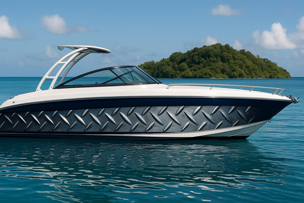 Diamond Plate Boat Wrap – Industrial Metal Marine Vinyl | Luxury Yacht & Sport Boat Wrap | Silver Steel Texture With Gloss Finish