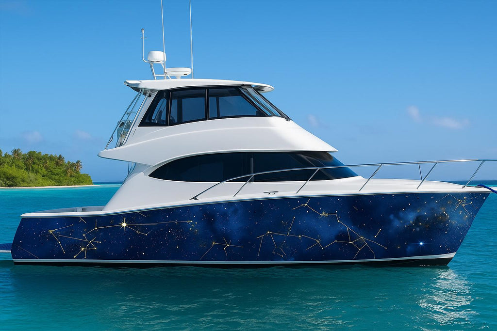 Celestial Constellations Boat Wrap – Midnight Blue And Gold Marine Vinyl | Luxury Yacht & Sport Boat Wrap | Starry Sky Galaxy Design