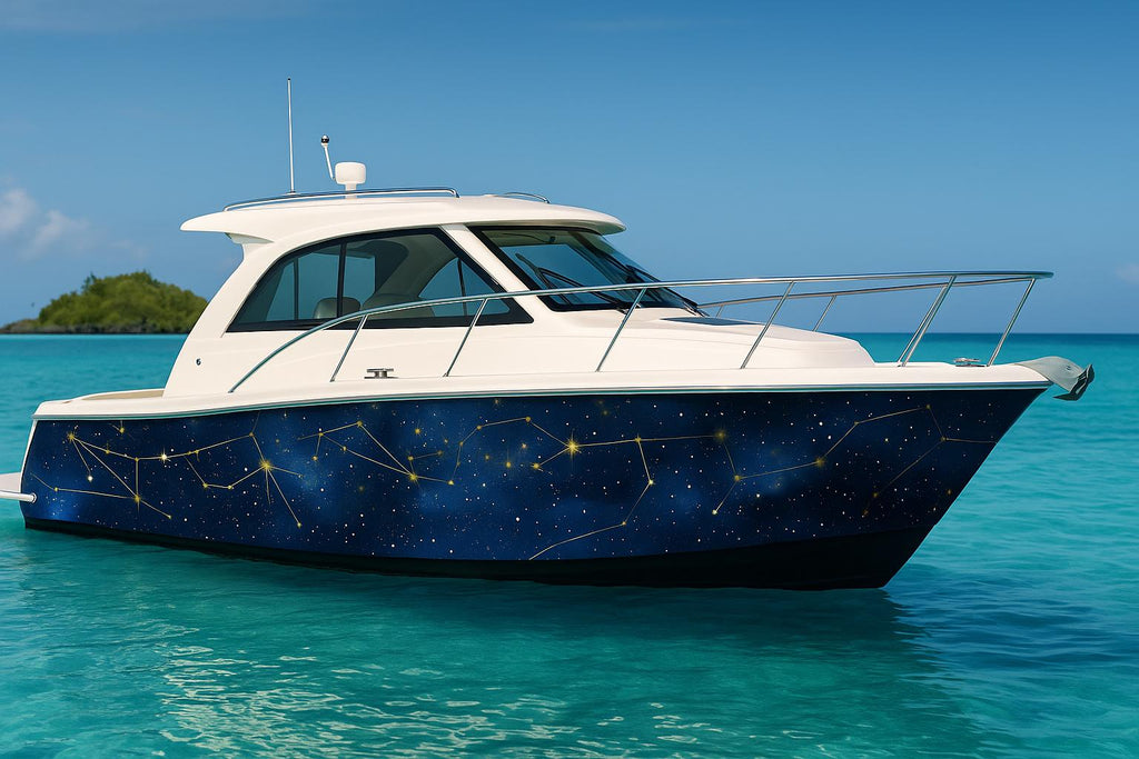 Celestial Constellations Boat Wrap – Midnight Blue And Gold Marine Vinyl | Luxury Yacht & Sport Boat Wrap | Starry Sky Galaxy Design