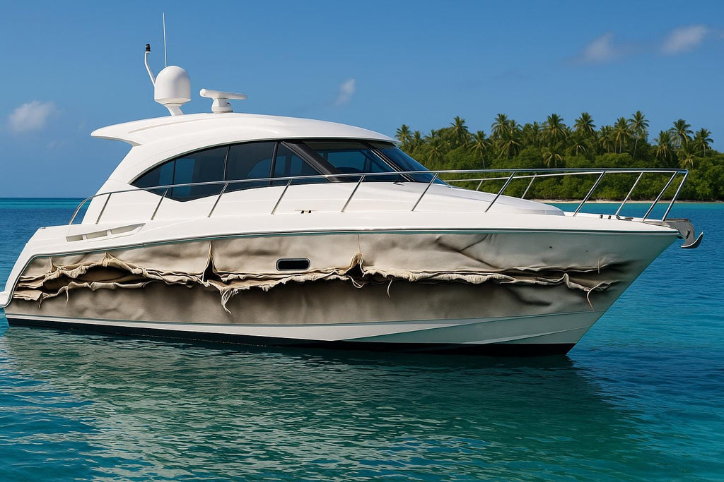 Torn Canvas Boat Wrap – Realistic 3D Weathered Fabric Marine Vinyl | Luxury Yacht & Sport Boat Wrap | Rugged Nautical Design