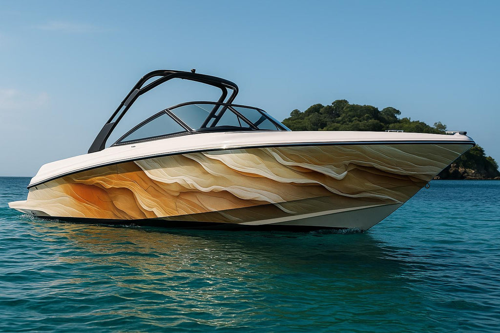 Golden Dunes Boat Wrap – Desert Sand Wave Marine Vinyl | Luxury Yacht & Sport Boat Wrap | Gold Beige Gradient Water Texture Design