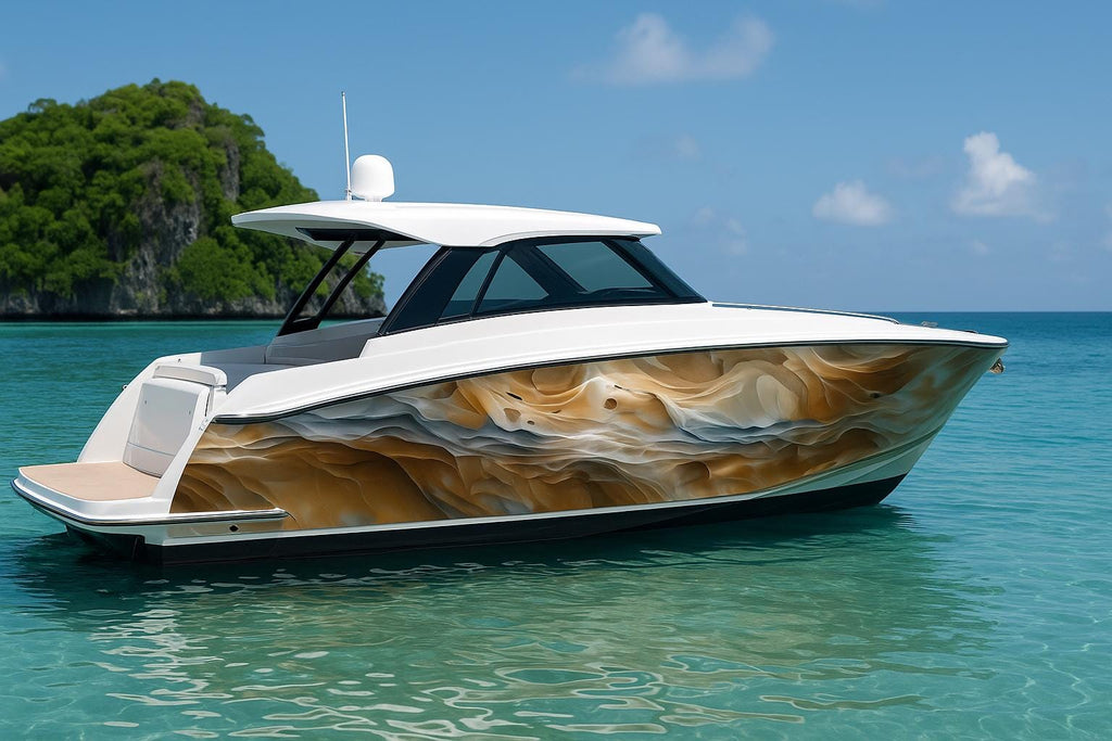 Desert Mirage Boat Wrap – Sandstone Wave Marine Vinyl | Luxury Yacht Wrap | Gold Beige Gradient Ocean-Inspired Boat Graphics