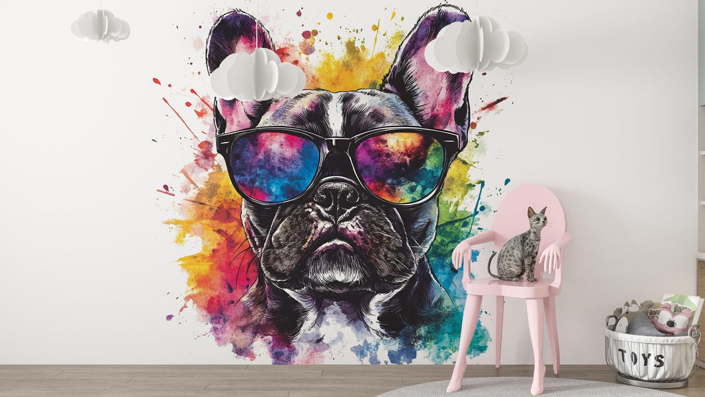 Colorful French Bulldog Wall Decal – Dog Grooming Salon Wall Art | Vibrant Pet Decor | Modern Frenchie Sticker | Pop Art Animal Mural