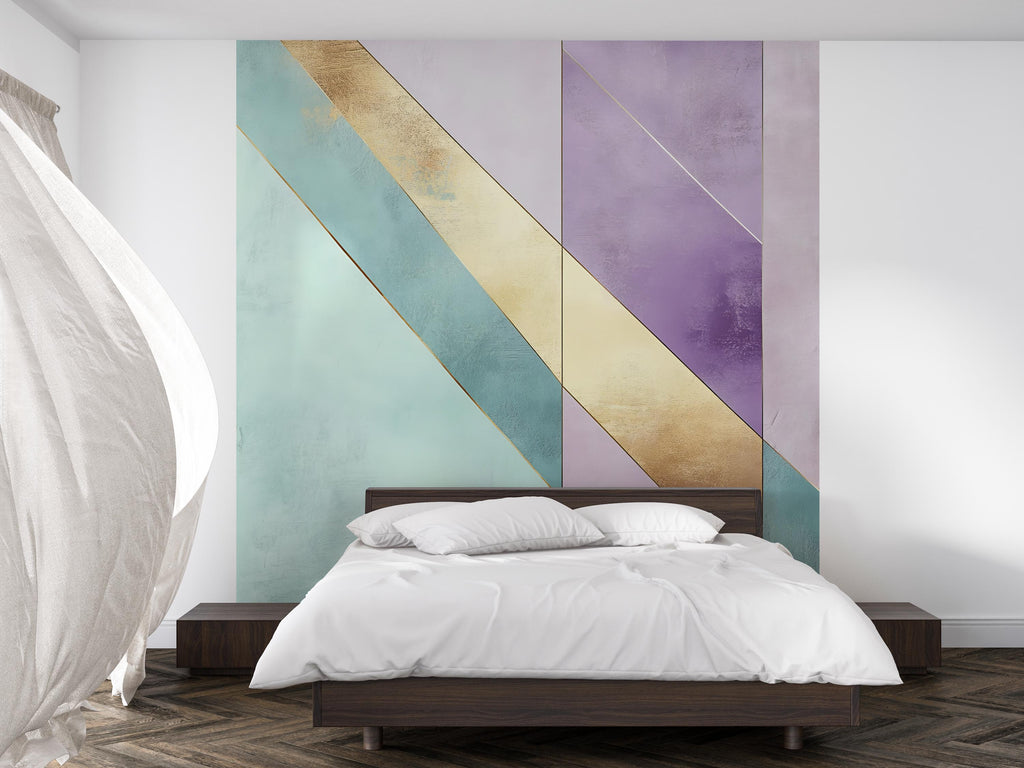 Pastel Gold Geometric Wall Decal – Luxury Abstract Wall Art | Modern Color Block Sticker | Bedroom Accent Mural | Mint Lavender Gold