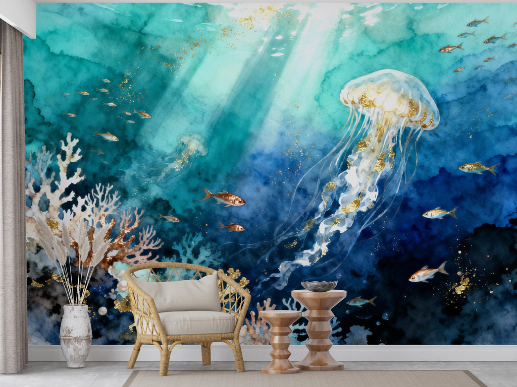 Jellyfish Restaurant Watercolor Wall Mural – Underwater Coral Peel stick decor Ocean wall decal, Fish art Kids Room or Nursery 997RS