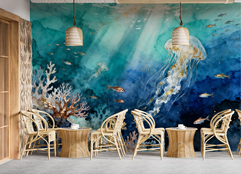 Jellyfish Restaurant Watercolor Wall Mural – Underwater Coral Peel stick decor Ocean wall decal, Fish art Kids Room or Nursery 997RS
