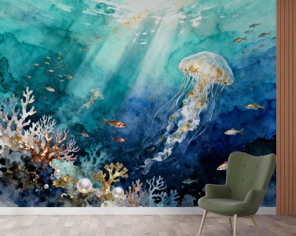 Jellyfish Restaurant Watercolor Wall Mural – Underwater Coral Peel stick decor Ocean wall decal, Fish art Kids Room or Nursery 997RS