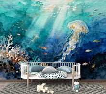 Load image into Gallery viewer, Jellyfish Restaurant Watercolor Wall Mural – Underwater Coral Peel stick decor Ocean wall decal, Fish art Kids Room or Nursery 997RS