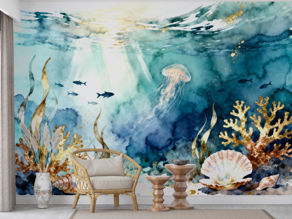 Jellyfish Restaurant Watercolor Wall Mural – Underwater Coral Peel stick decor Ocean wall decal, Fish art Kids Room or Nursery 998RS