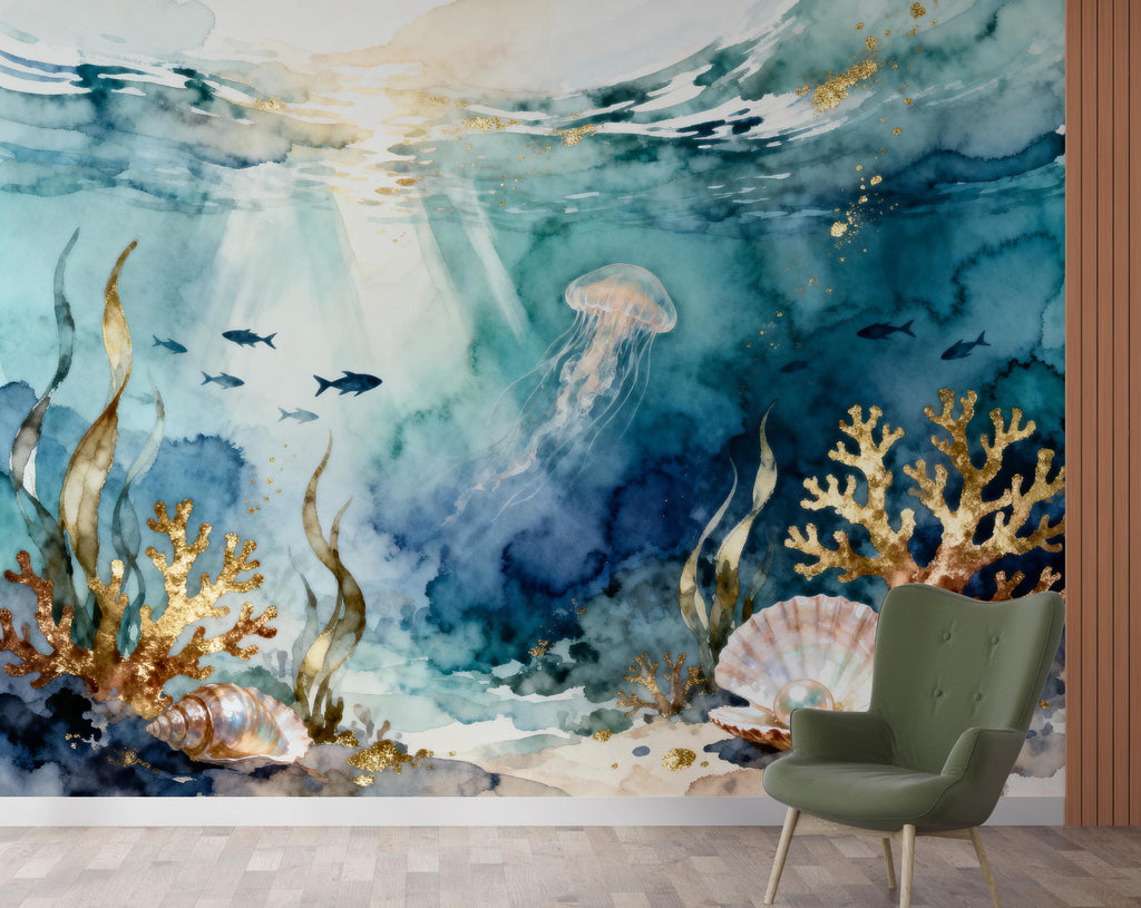 Jellyfish Restaurant Watercolor Wall Mural – Underwater Coral Peel stick decor Ocean wall decal, Fish art Kids Room or Nursery 998RS
