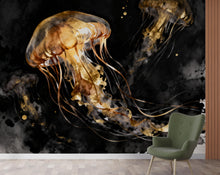 Load image into Gallery viewer, Gold Jellyfish Restaurant Watercolor Wall Mural – Underwater Coral Peel stick decor Ocean wall decal, Fish art Kids Room or Nursery 999RS