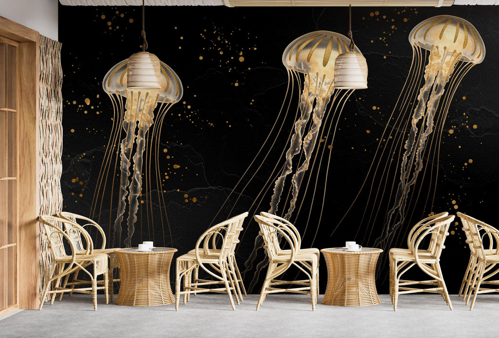 Gold Jellyfish Restaurant Watercolor Wall Mural – Underwater Coral Peel stick decor Ocean wall decal, Fish art Kids Room or Nursery 1000RS