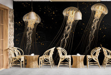 Load image into Gallery viewer, Gold Jellyfish Restaurant Watercolor Wall Mural – Underwater Coral Peel stick decor Ocean wall decal, Fish art Kids Room or Nursery 1000RS