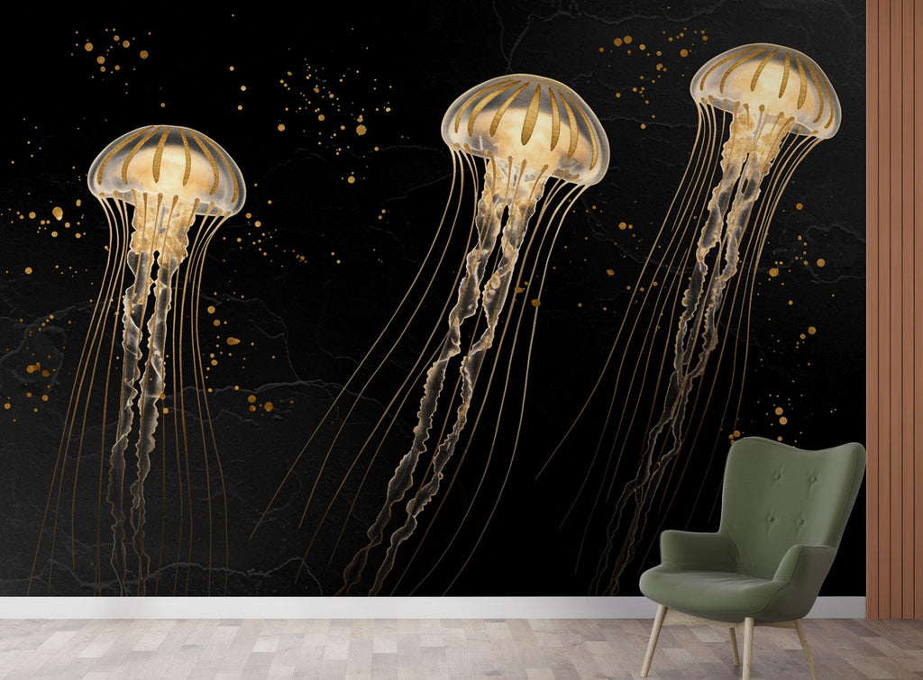 Gold Jellyfish Restaurant Watercolor Wall Mural – Underwater Coral Peel stick decor Ocean wall decal, Fish art Kids Room or Nursery 1000RS