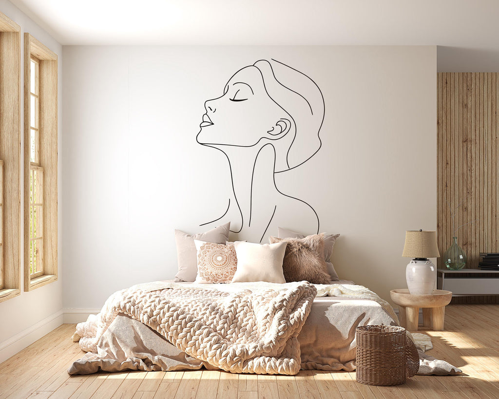 Minimalist Woman Line Art Wall Decal – Elegant One Line Female Silhouette for Salon, Spa, Bedroom, Studio – Modern Peel & Stick Wall Sticker