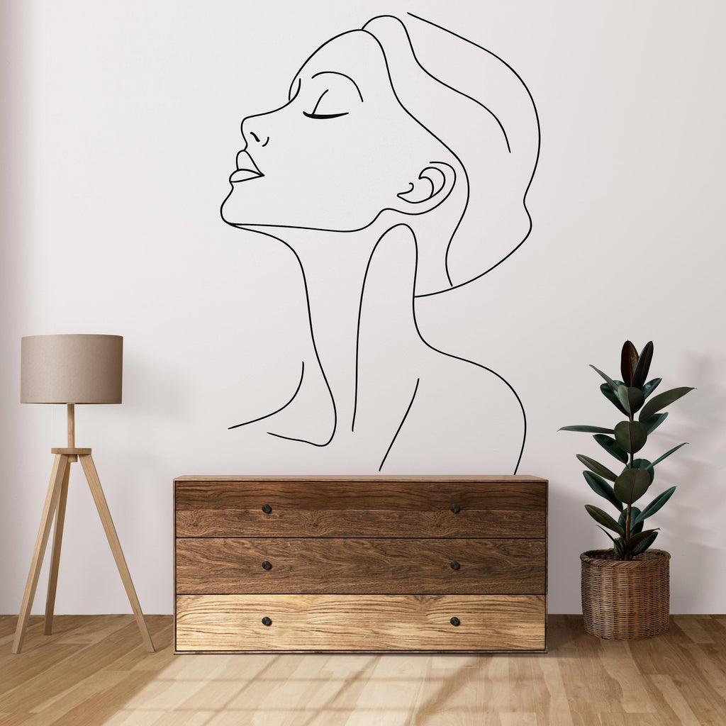 Minimalist Woman Line Art Wall Decal – Elegant One Line Female Silhouette for Salon, Spa, Bedroom, Studio – Modern Peel & Stick Wall Sticker