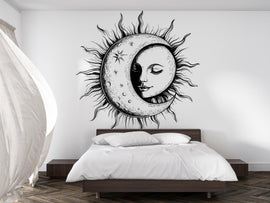 Sun and Moon Goddess Wall Decal – Mystical Celestial Face Art Mural, Boho Bedroom Decor, Peel & Stick Wall Sticker for Spiritual, Witchy