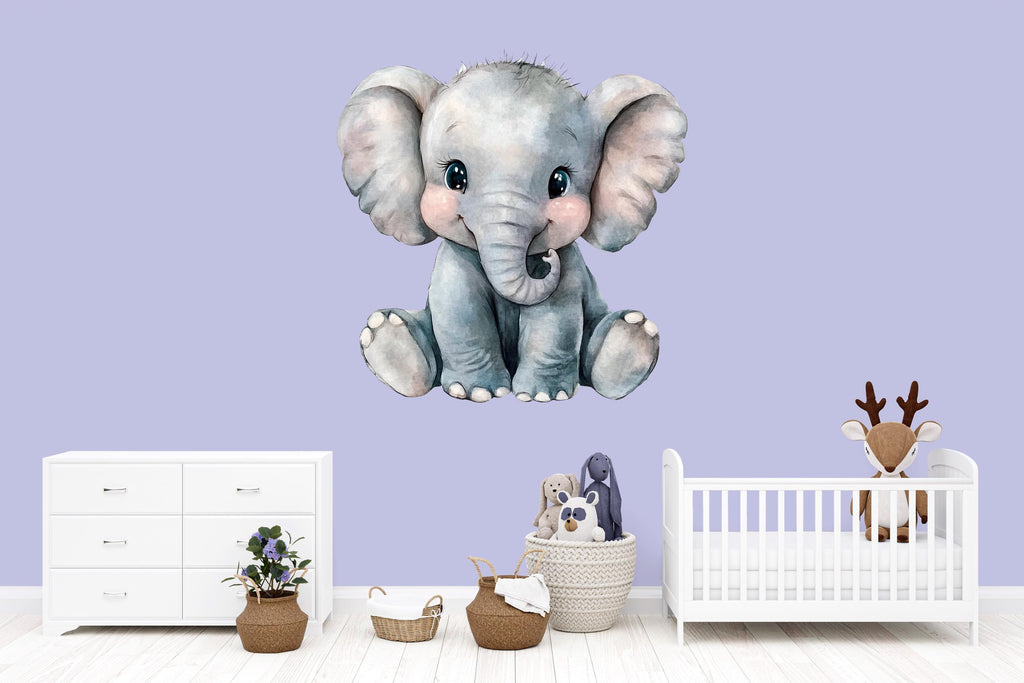 Cute Baby Elephant Wall Decal – Large Nursery Animal Sticker, Kids Room Decor, Watercolor Elephant Mural, Peel & Stick Removable Nursery