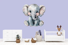 Load image into Gallery viewer, Cute Baby Elephant Wall Decal – Large Nursery Animal Sticker, Kids Room Decor, Watercolor Elephant Mural, Peel &amp; Stick Removable Nursery