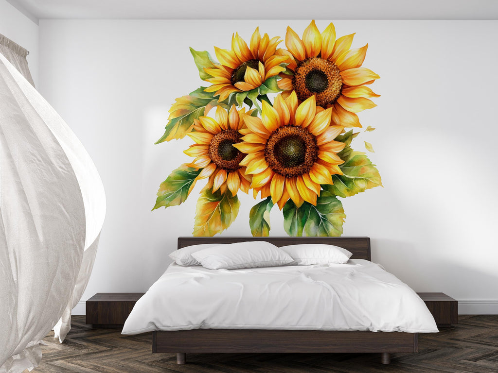 Sunflower Wall Decal – Large Watercolor Floral Sticker, Bright Sunflower Bouquet Wall Art, Peel & Stick Removable Flower Mural for Bedroom