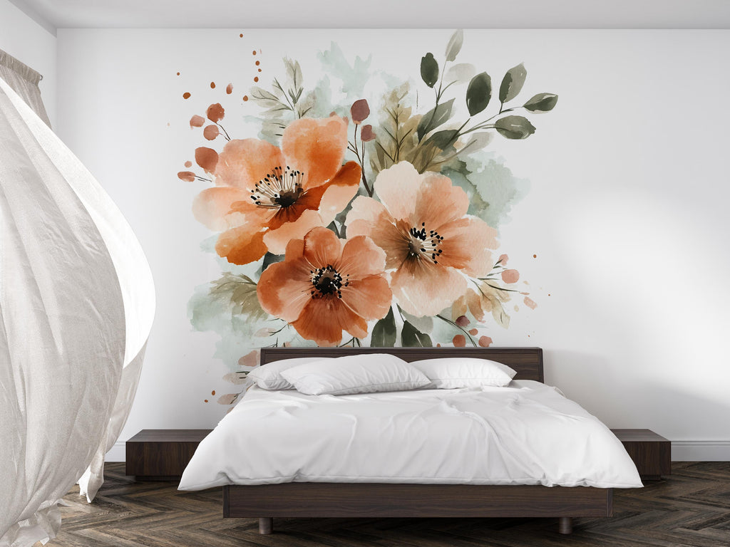 Watercolor Floral Wall Decal • Large Flower Mural Sticker for Bedroom • Boho Botanical Wall Art • Peel & Stick Floral Decor • Removable Wall