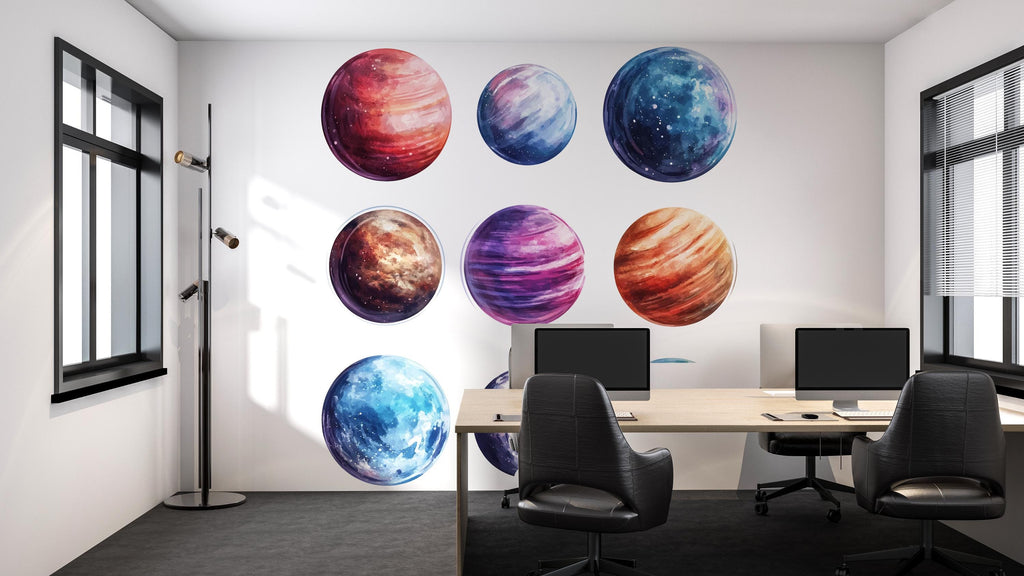 Galaxy Planet Wall Decal Set • Space Theme Office Decor • Colorful Planet Stickers for Classroom, Kids Room, Playroom, Home Office