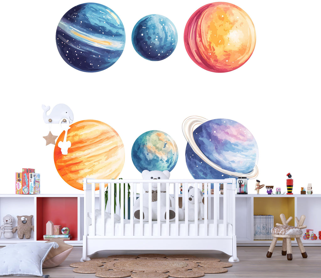 Kids Planet Wall Decal Set • Watercolor Space Theme Stickers • Nursery Galaxy Decor • Classroom Solar System Wall Art • Peel & Stick Room