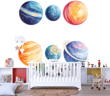 Load image into Gallery viewer, Kids Planet Wall Decal Set • Watercolor Space Theme Stickers • Nursery Galaxy Decor • Classroom Solar System Wall Art • Peel &amp; Stick Room