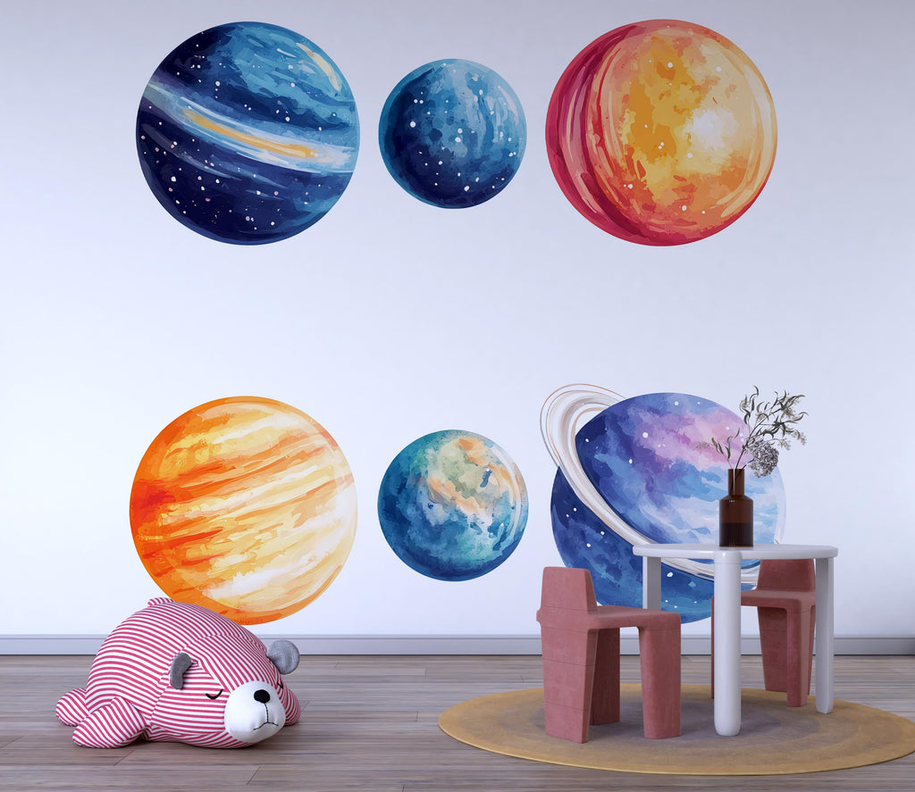 Kids Planet Wall Decal Set • Watercolor Space Theme Stickers • Nursery Galaxy Decor • Classroom Solar System Wall Art • Peel & Stick Room