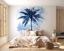 Load image into Gallery viewer, Blue Watercolor Palm Tree Wall Decal • Tropical Bedroom Wall Art • Large Palm Tree Sticker Mural • Coastal Home Decor • Peel &amp; Stick Wall