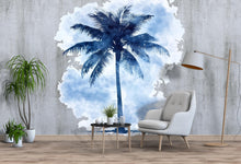 Load image into Gallery viewer, Blue Watercolor Palm Tree Wall Decal • Tropical Bedroom Wall Art • Large Palm Tree Sticker Mural • Coastal Home Decor • Peel &amp; Stick Wall