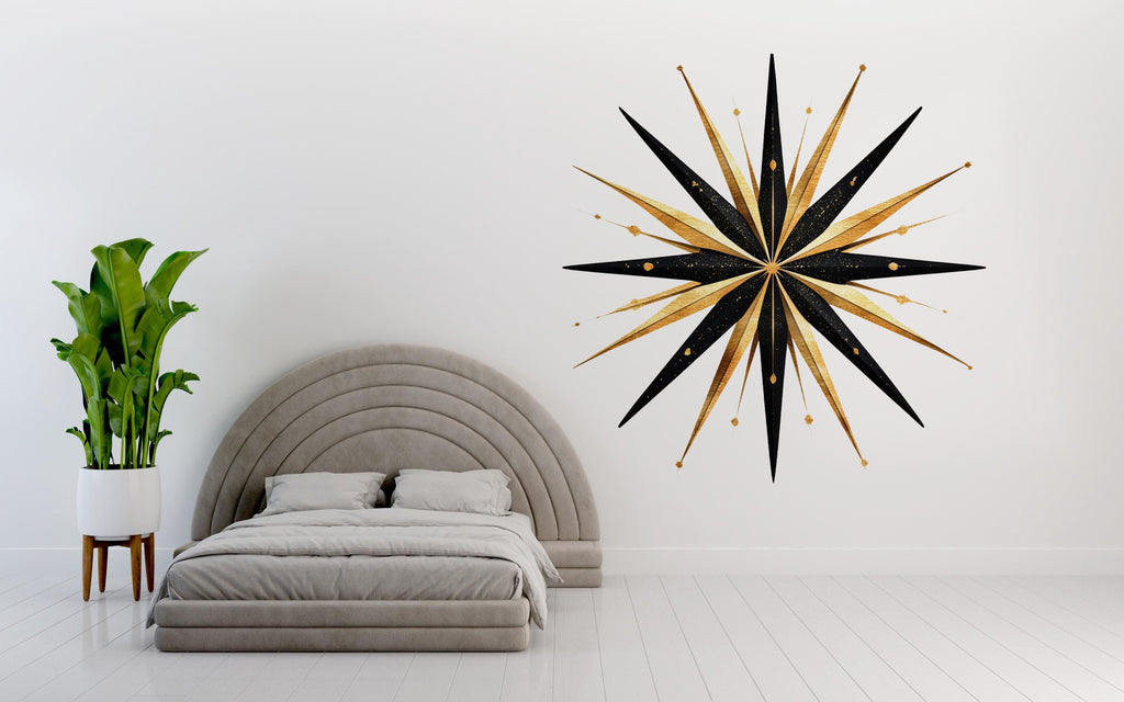 Gold Black Starburst Wall Decal • Large Modern Geometric Wall Sticker • Luxury Bedroom Feature Wall • Peel & Stick Removable Mural Art