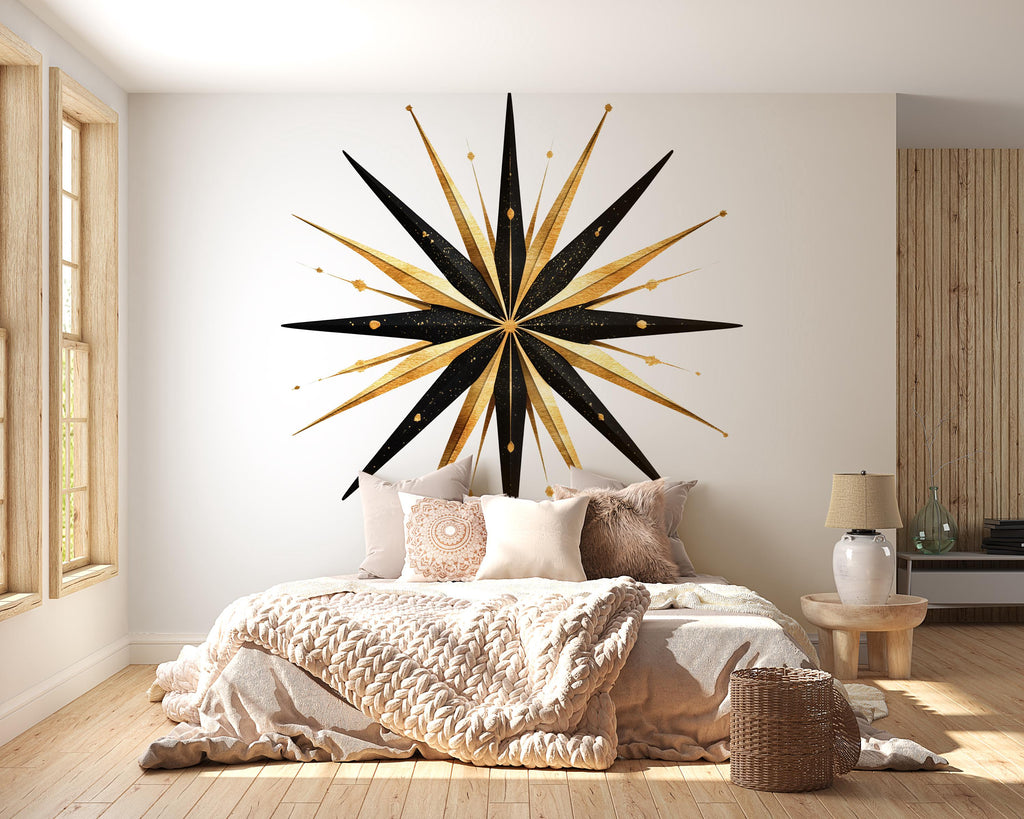 Gold Black Starburst Wall Decal • Large Modern Geometric Wall Sticker • Luxury Bedroom Feature Wall • Peel & Stick Removable Mural Art