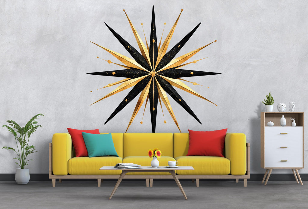 Gold Black Starburst Wall Decal • Large Modern Geometric Wall Sticker • Luxury Bedroom Feature Wall • Peel & Stick Removable Mural Art