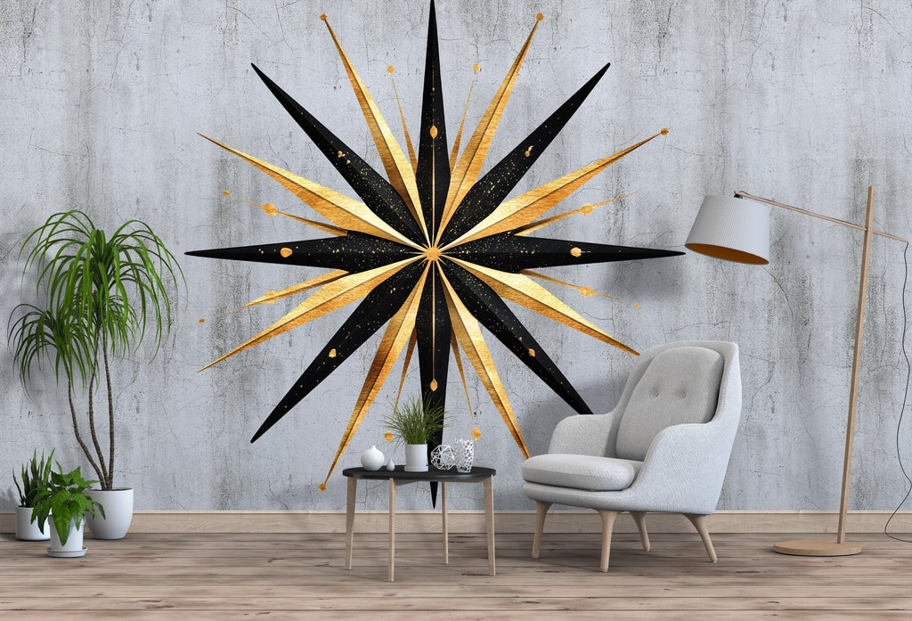 Gold Black Starburst Wall Decal • Large Modern Geometric Wall Sticker • Luxury Bedroom Feature Wall • Peel & Stick Removable Mural Art