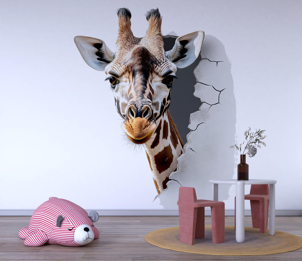 3D Giraffe Wall Decal • Kids Room Safari Wall Sticker • Realistic Breakthrough Animal Mural • Nursery Jungle Decor • Peel & Stick Removable