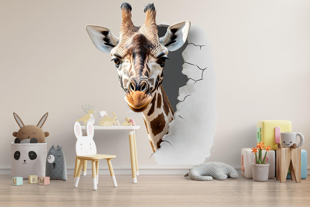 3D Giraffe Wall Decal • Kids Room Safari Wall Sticker • Realistic Breakthrough Animal Mural • Nursery Jungle Decor • Peel & Stick Removable