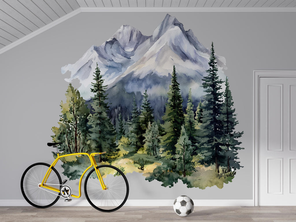 Mountain Forest Wall Decal • Watercolor Pine Tree Mural Sticker • Nature Kids Room Decor • Adventure Nursery Peel & Stick Wall Art