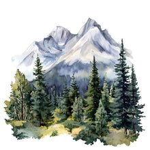 Load image into Gallery viewer, Mountain Forest Wall Decal • Watercolor Pine Tree Mural Sticker • Nature Kids Room Decor • Adventure Nursery Peel &amp; Stick Wall Art